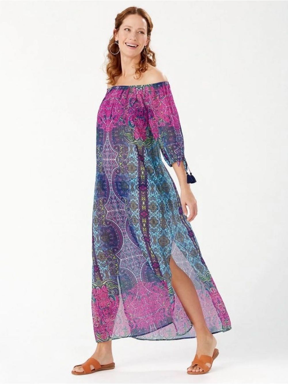 TOMMY BAHAMA Small Resort Coastal Off The Shoulder Georgette Maxi Dress Tassels
